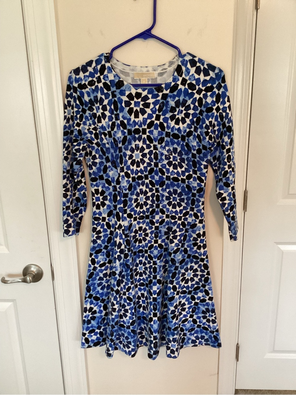 Micheal Kors Soft Knit Flare Dress in Geometric Kaleidoscope Blue and Black, XS